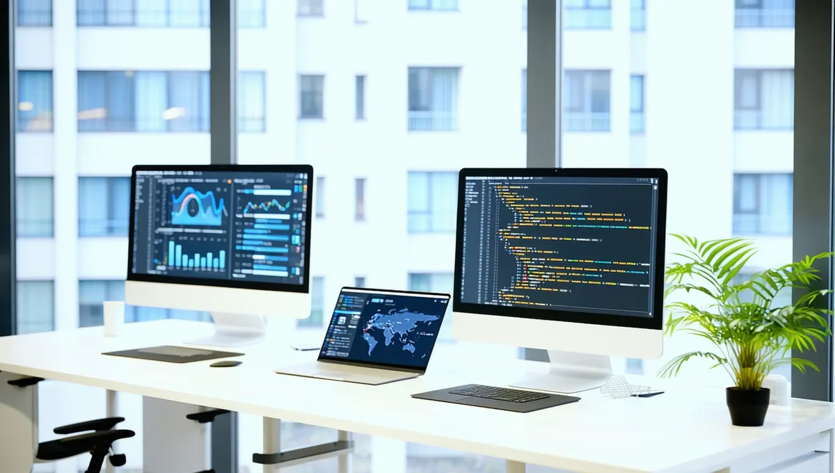 Modern tech office workspace at EON Free Zone Kharadi Pune with monitors showing security dashboard