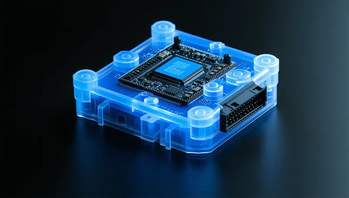 Automotive ECU electronic control unit circuit board in a vehicle context, representing vehicle security and digital identity