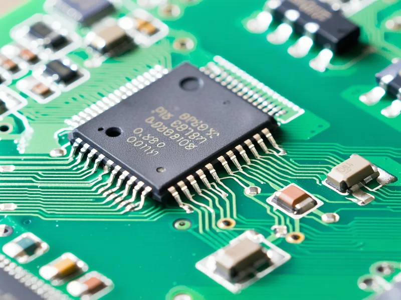 Close-up of IoT PCB circuit board with microcontroller chip, representing embedded device security at manufacturing stage