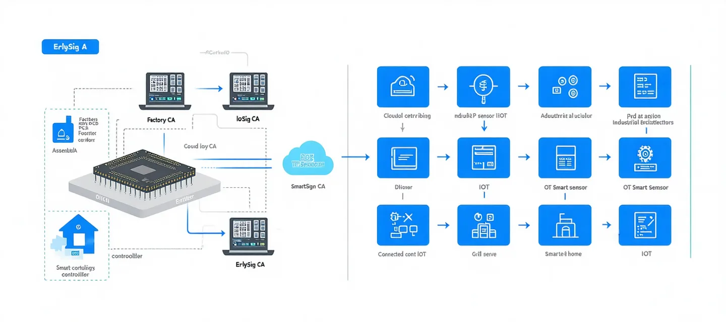 ErlySign platform architecture: OEM factory floor connects to ErlySign Certificate Authority, which provisions certificates to device fleet, validated by cloud IoT backend