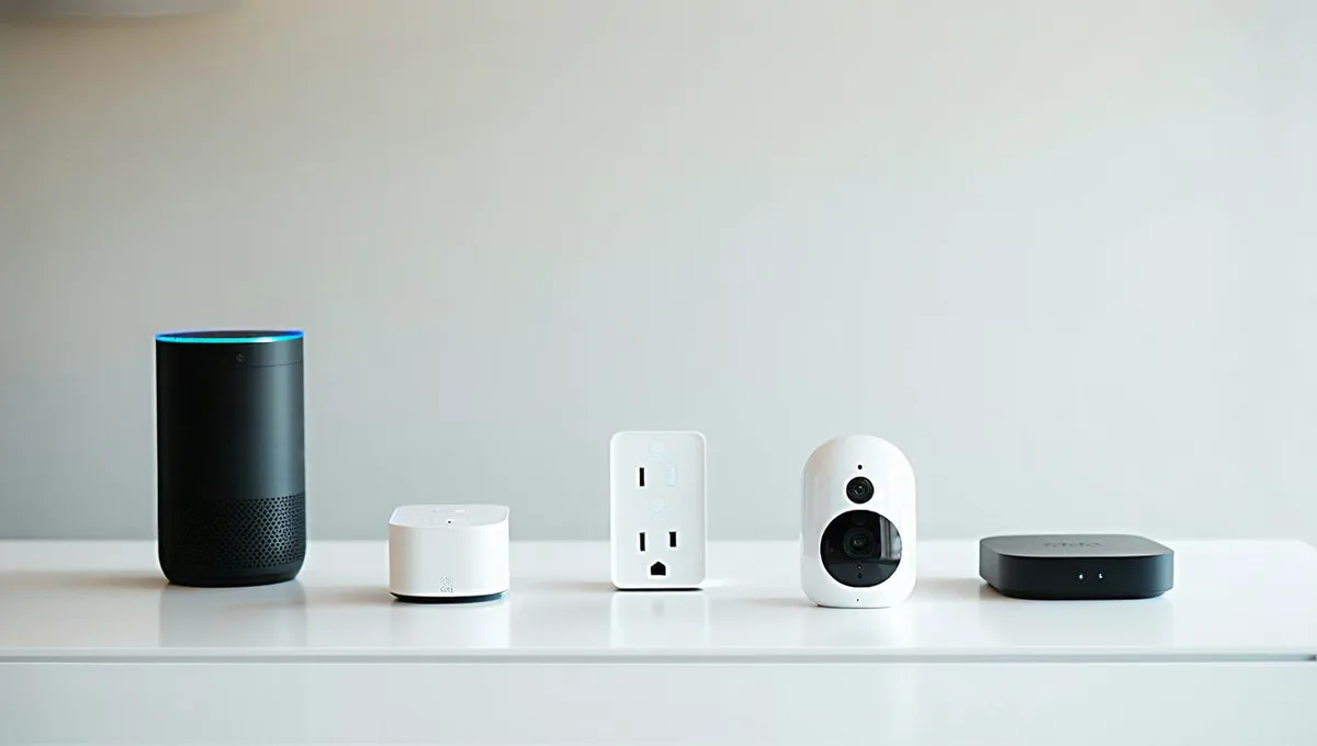 Array of smart home IoT devices including smart speaker, hub, sensors, and connected appliances on clean white surface
